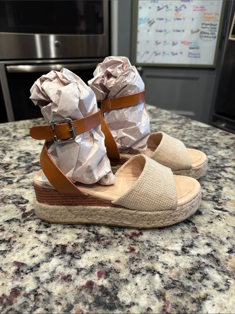 Neutral Beige Canvas Espadrille Sandals with Tan Ankle Strap